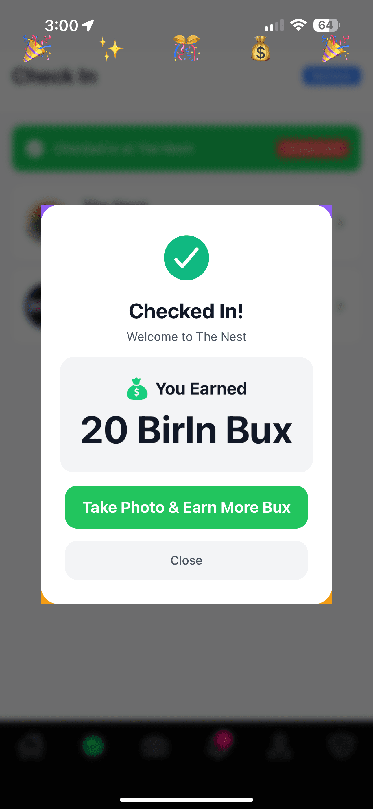 Check-in success screen showing earned Birln Bux reward